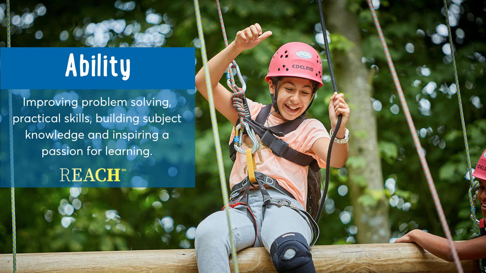 A joyful child in a pink helmet on a R.E.A.C.H course with text about improving abilities through learning.