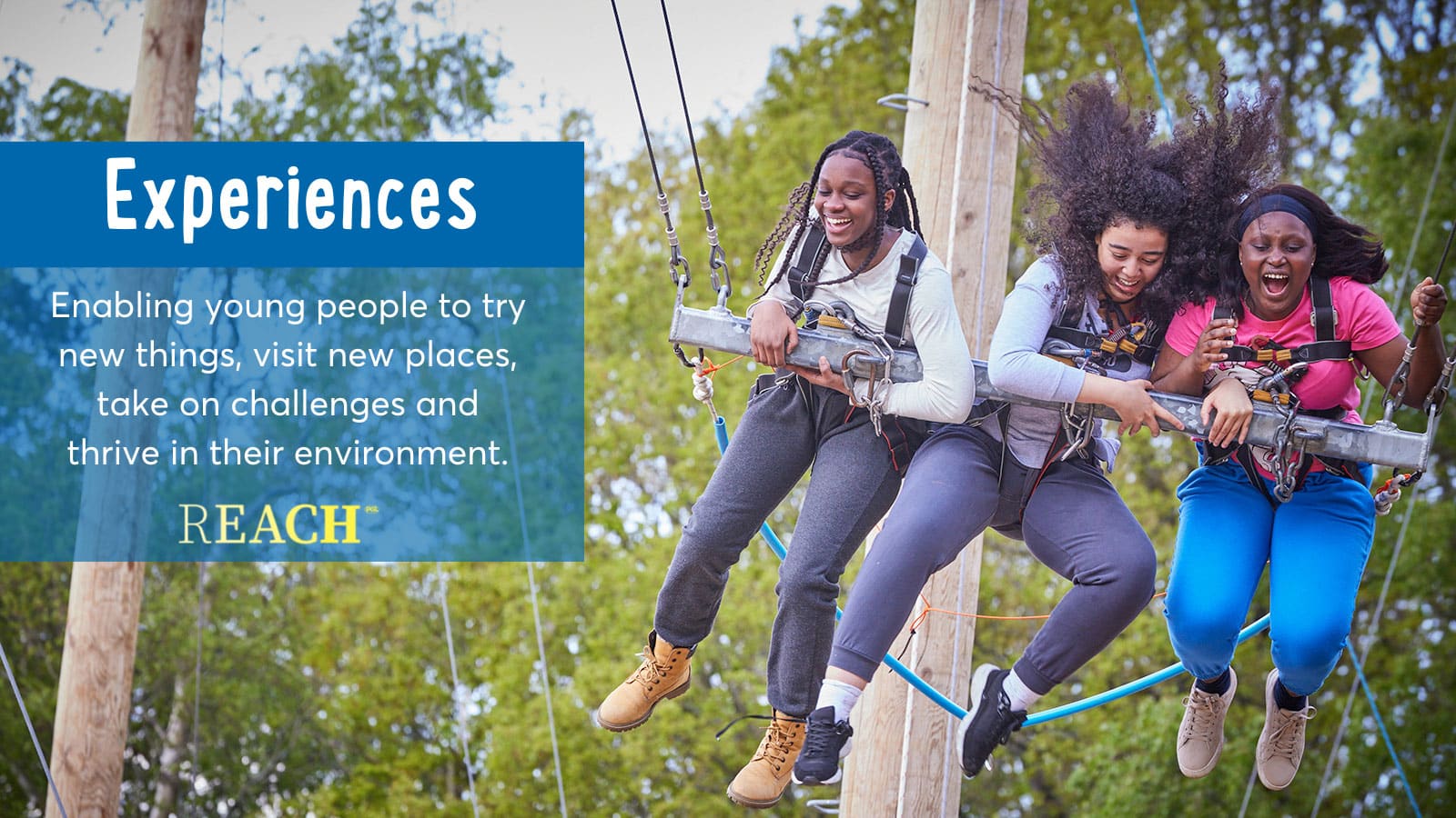 Three joyful teenagers riding a zip line in a park with text overlay about R.E.A.C.H experiences for young people.