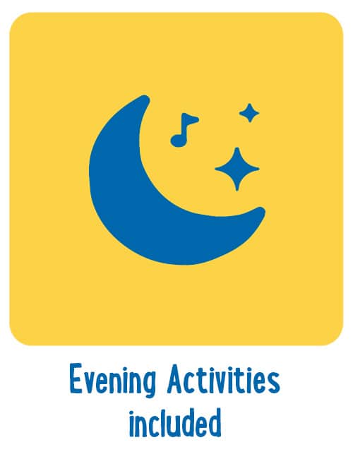 A graphic of a blue crescent moon with musical notes and stars on a yellow background, captioned "evening activities united.