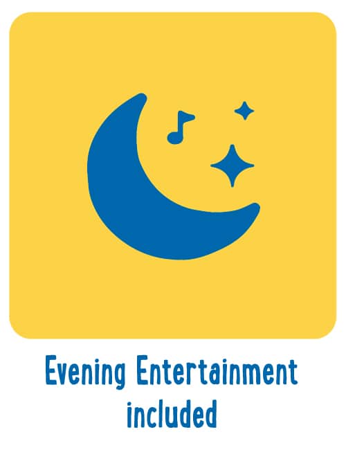 A graphic of a blue crescent moon and stars with musical notes, on a yellow background with text "unite in evening entertainment" at the bottom.