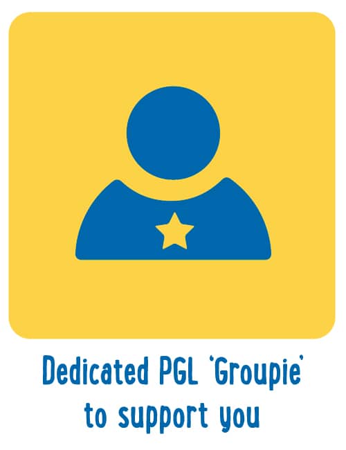 Iconographic representation of a person with a star on the chest, labeled "unite dedicated pgl 'groupie' to support you" on a yellow background.