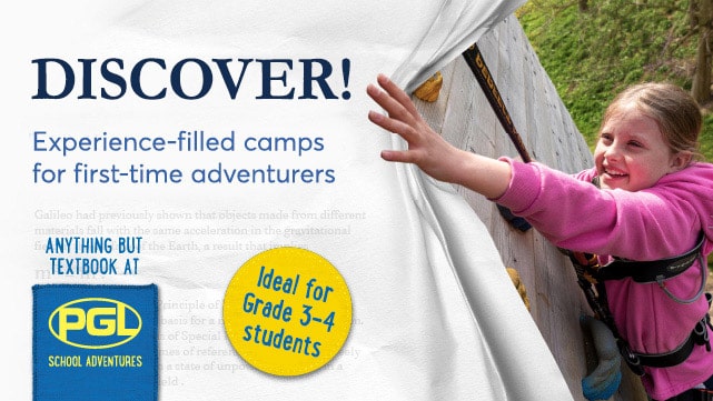 Young girl climbing a rock wall, smiling, with an advertisement for "discover R.E.A.C.H! experience-filled camps for first-time adventurers" aimed at grade 3-4 students.