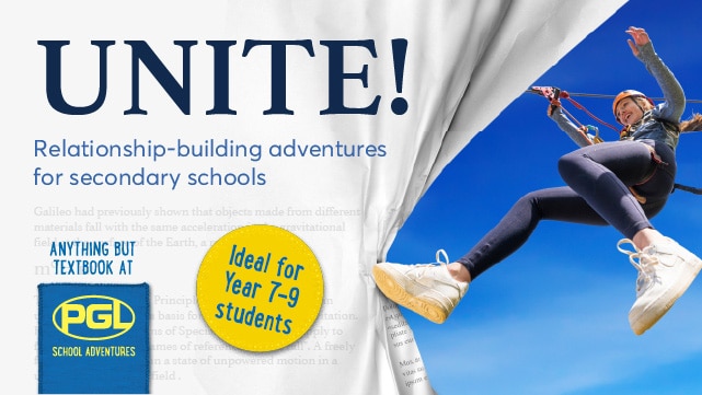 Advertisement for "R.E.A.C.H Unite!" school adventures by PGL, featuring a student swinging on a rope with text promoting relationship-building activities for year 7-9 students.