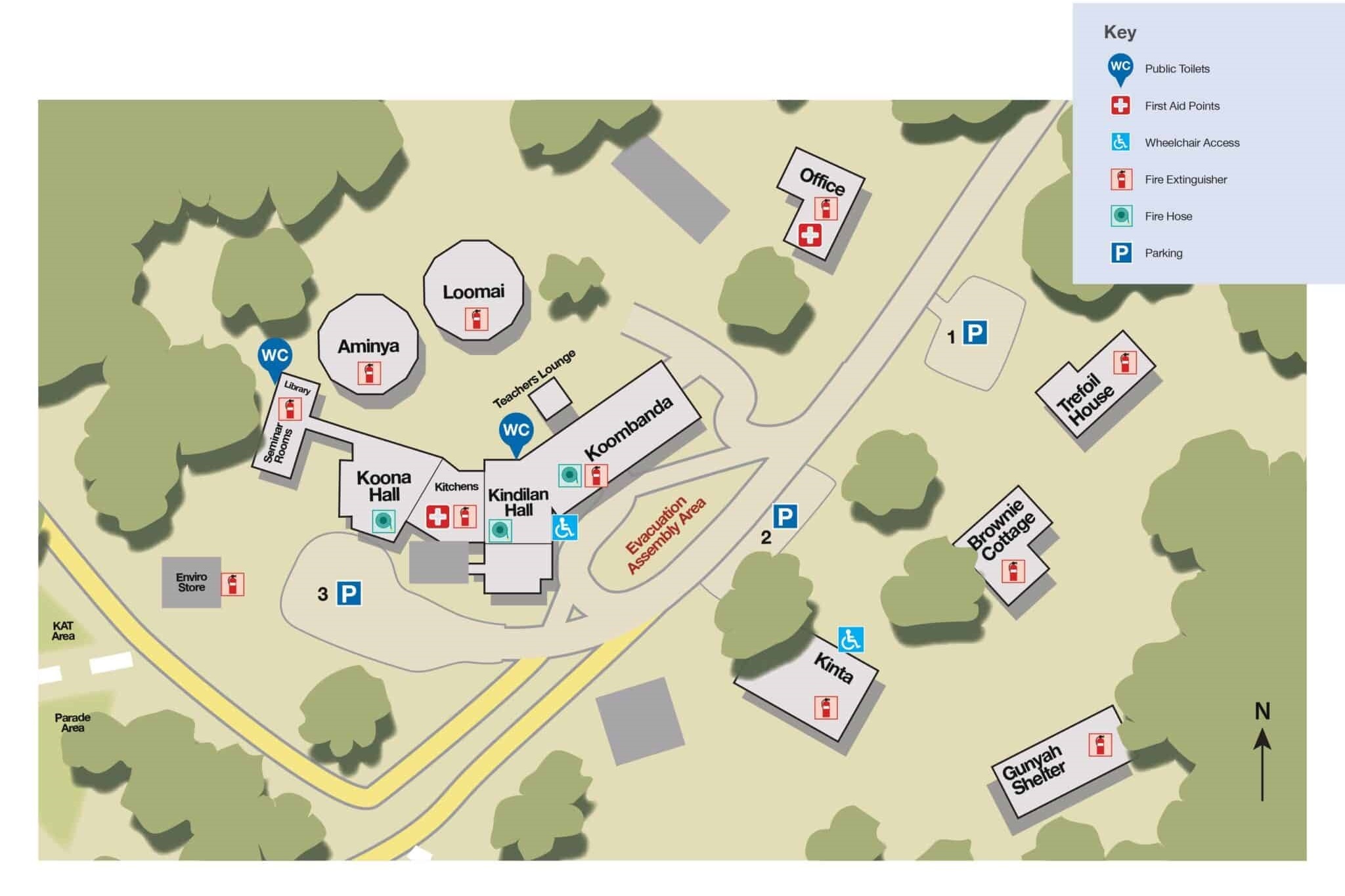 Illustrative map of a zoo showing buildings, enclosures, pathways, and parking areas with labeled facilities and a key for symbols.