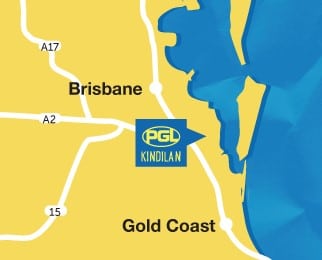 Map showing a section of eastern australia with brisbane and gold coast, featuring a labeled pointer to kindilan on the pg marker.