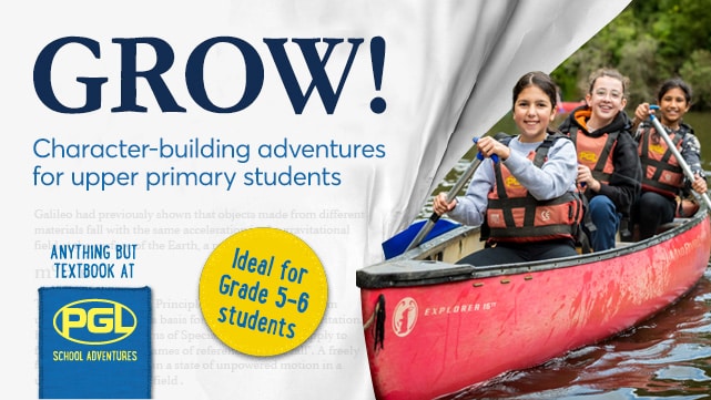 Promotional image for "Discover grow! school adventures", featuring smiling upper-primary students canoeing, with text overlay describing character-building activities ideal for grades 5-6.