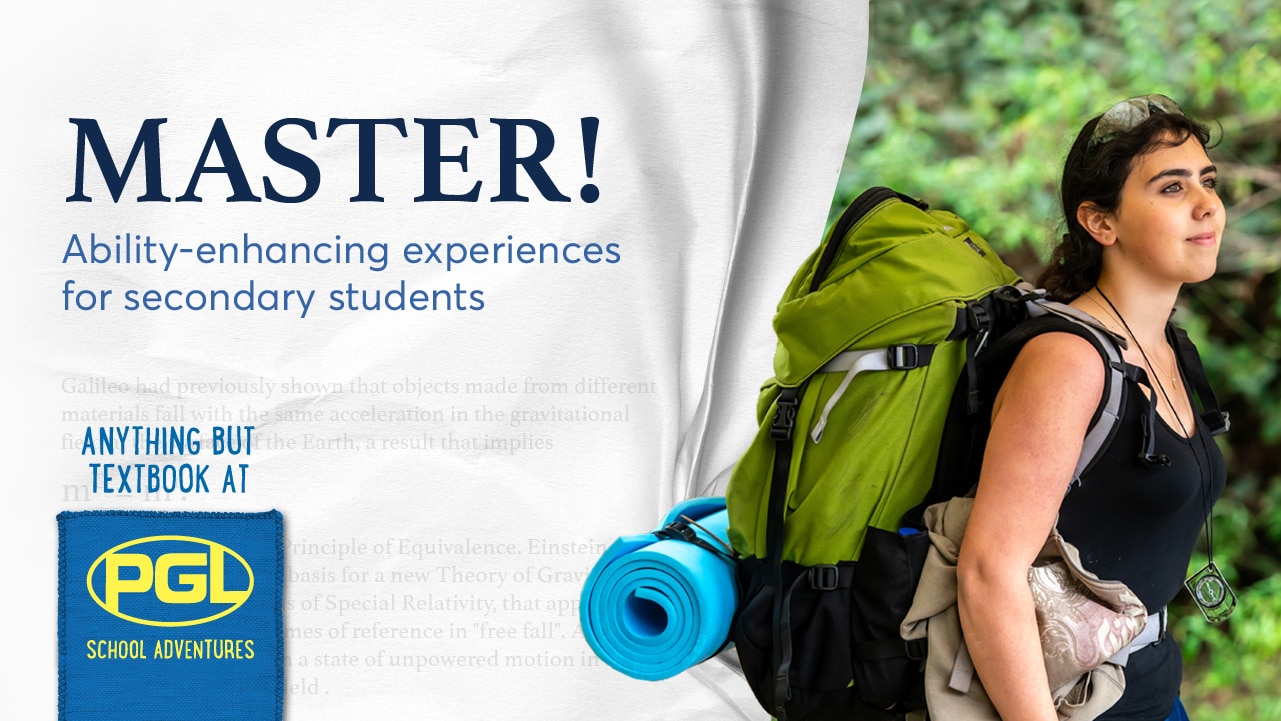 Female student with a large backpack looks towards her right on a bright day; beside her, a promotional banner reads "PGL Camp Rumbug: ability-enhancing experiences for secondary students.