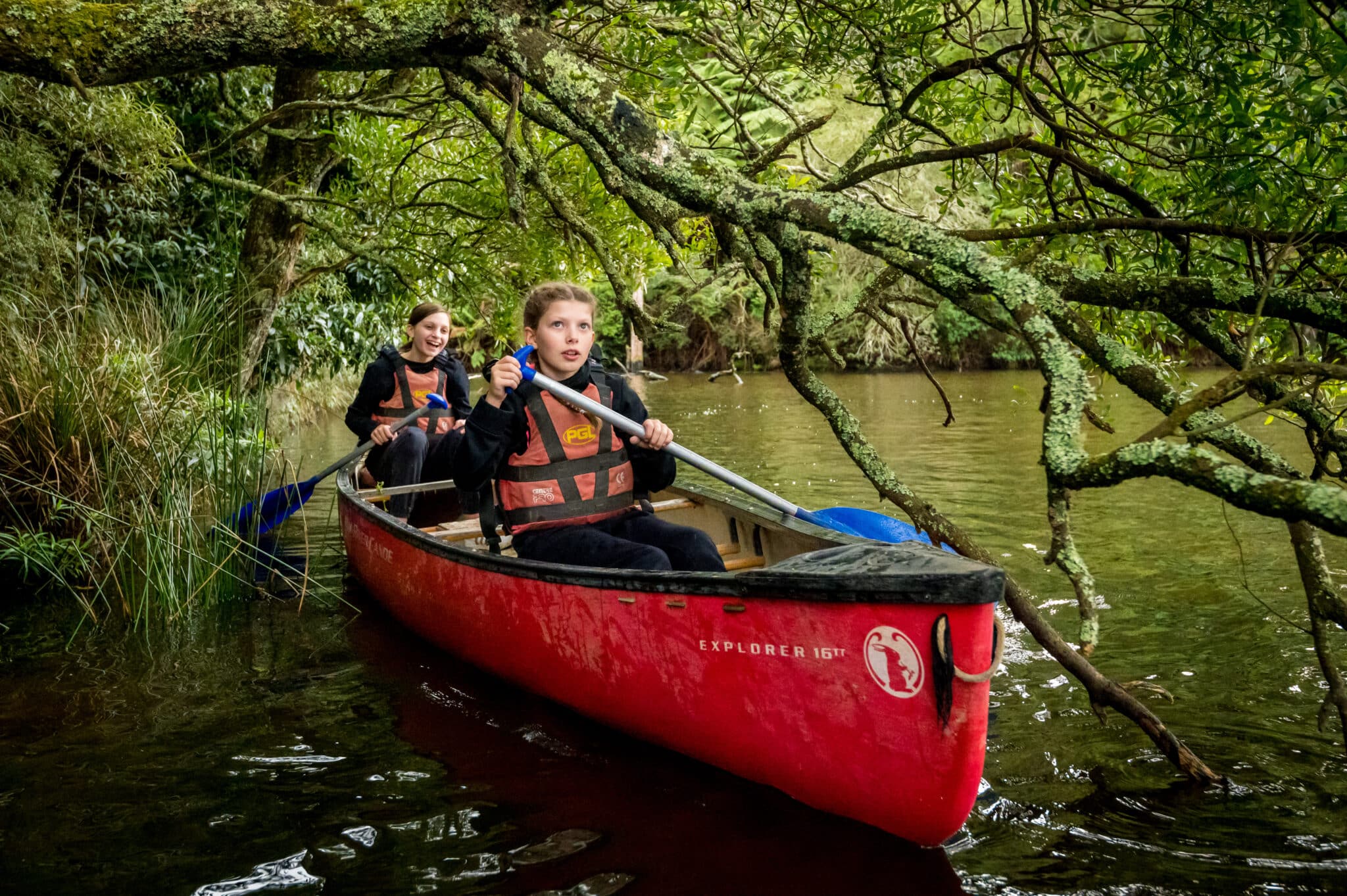 Two people wearing life jackets paddle a red canoe under low-hanging tree branches on a calm, narrow river surrounded by dense greenery.