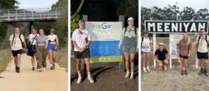 Three photos show a group of young adults hiking, posing by a trail sign, and standing in front of a town sign reading "Meeniyan.